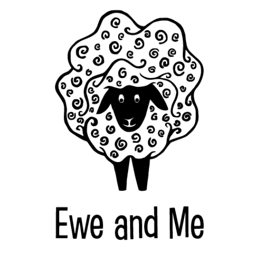Black and white illustration of a sheep with 'Ewe and Me' text on a white background